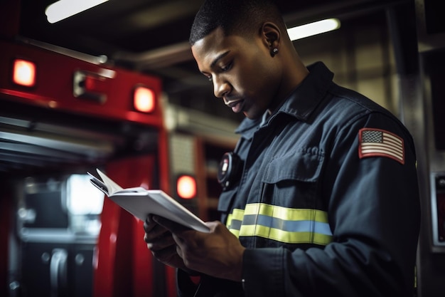 Shot of a firefighter reading his tablet at the fire station created with generative ai