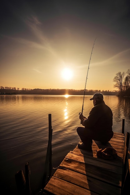 Shot of a fisherman sitting down on the pier and fishing created with generative ai