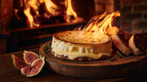 A shot of a flaming cheese wheel with melted cheese bubbling around the edges as the fire roars The cheese is served on a wooden board with slices of bread and fresh figs arranged around it The