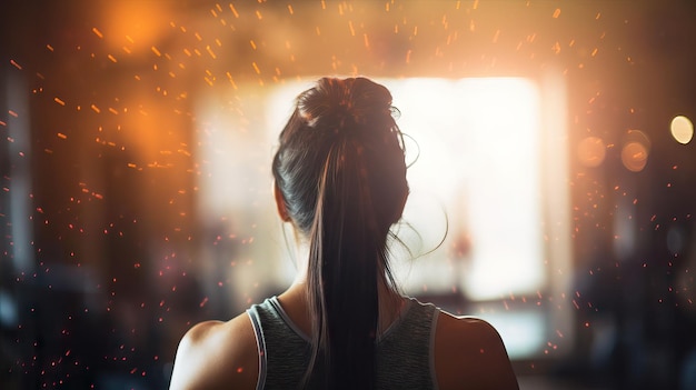 Shot from the back of Athletic Beautiful Woman Entering Gym Training day woman lifting weights