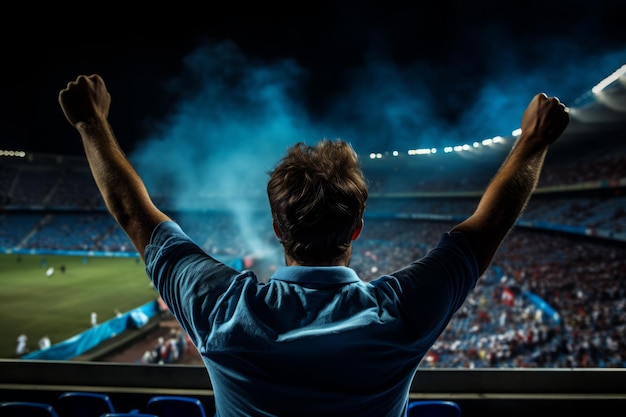 Shot from behind a football fan in a blue shirt cheering at a football stadium