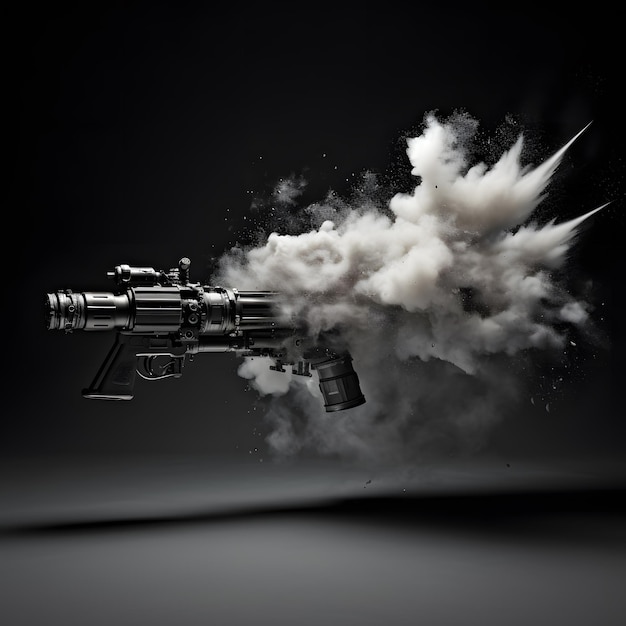 A shot from a gun barrel and flying powder gases the output of gunpowder gases from the barrel of a futuristic firearm rifle pistol or space cannon Weapon