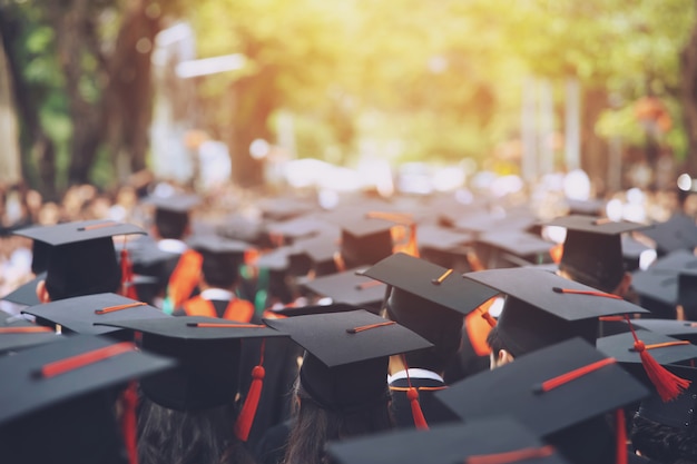 Shot of graduation hats during commencement success graduates of the university, Concept education congratulation. Graduation Ceremony ,Congratulated the graduates in University during commencement