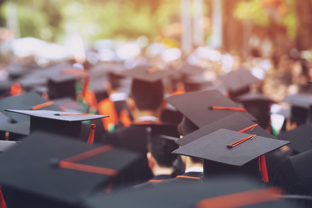 Shot of graduation hats during commencement success graduates of the university, Concept education congratulation.