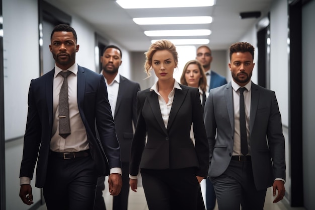 Shot of a group of confident businesspeople walking together in a hallway created with generative ai