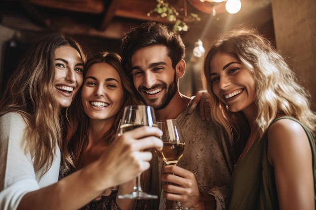 Shot of a group of friends celebrating with champagne created with generative ai