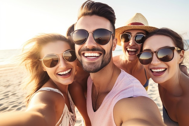 Shot of a group of happy friends taking selfies at the beach created with generative ai