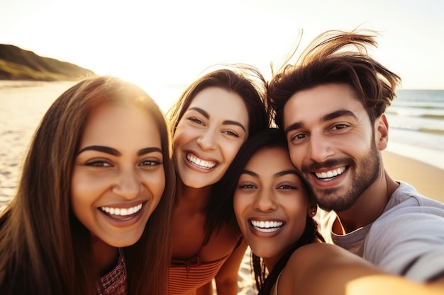 Shot of a group of happy friends taking selfies at the beach created with generative ai