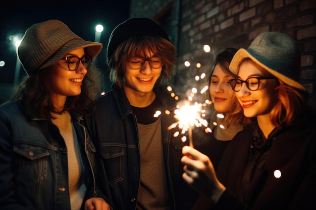 Shot of a group of happy young friends having fun with sparklers outside created with generative ai