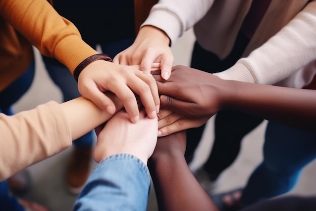 Shot of a group of people holding their hands together in unity created with generative ai