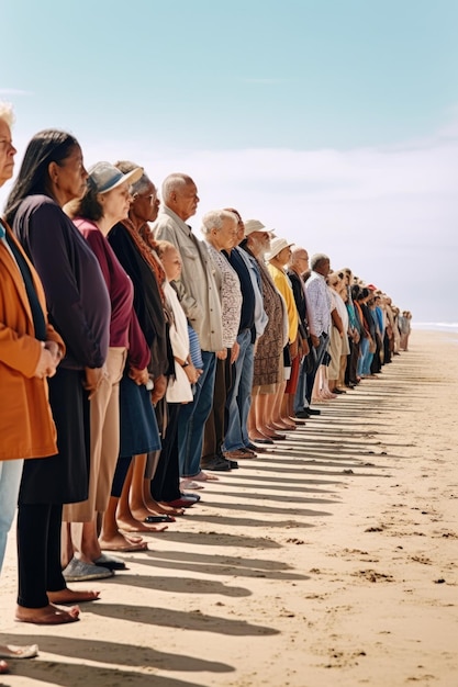 Shot of a group of people standing in line at the beach created with generative ai