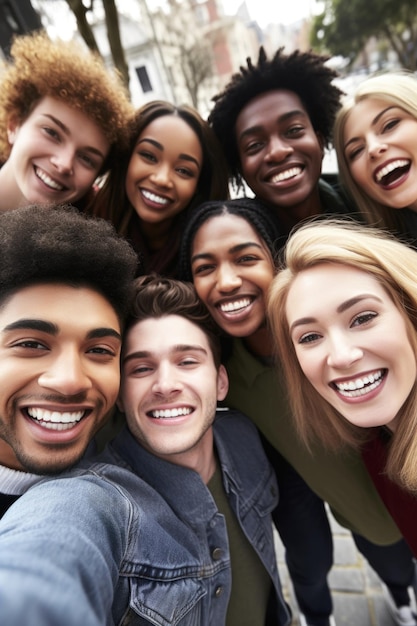 Shot of a group of people taking selfies together outdoors created with generative ai