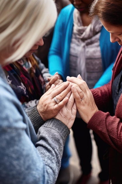 Shot of a group of people with their hands together in prayer outside created with generative ai