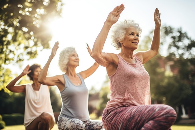 Shot of a group of senior women going through a yoga routine outdoors created with generative ai