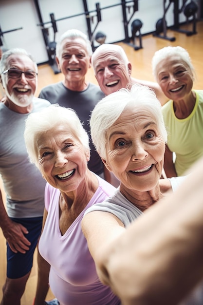 Shot of a group of seniors taking selfies while out for an exercise class created with generative ai