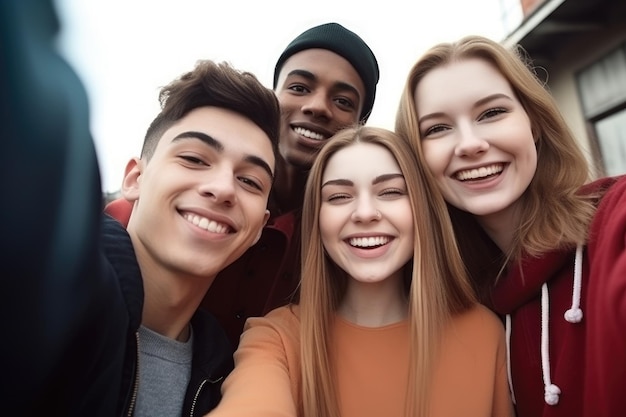 Shot of a group of young people taking selfies together outdoors created with generative ai