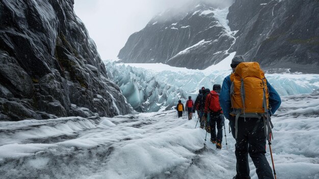 A shot of the guide leading a group of hikers across a frozen glacier pointing out various features