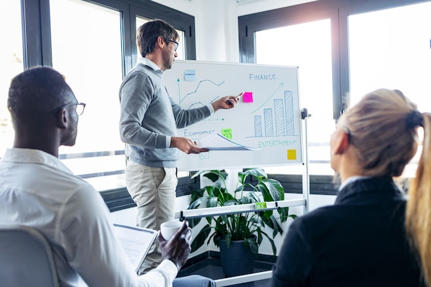 Shot of handsome businessman pointing to whiteboard while explaining to the project to his colleagues on coworking place.