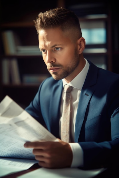 Shot of a handsome young businessman doing paperwork in the office created with generative ai