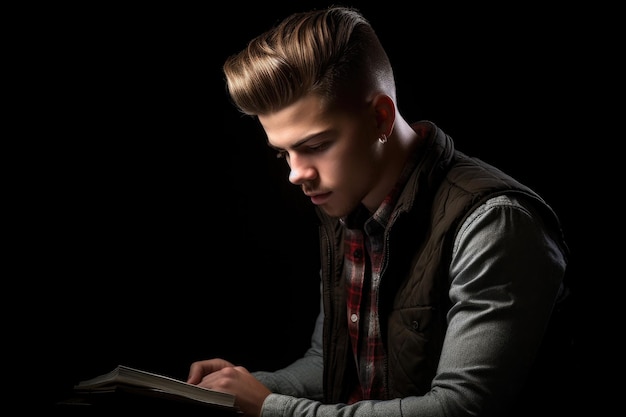 Shot of a handsome young man reading on his digital tablet in the studio created with generative ai