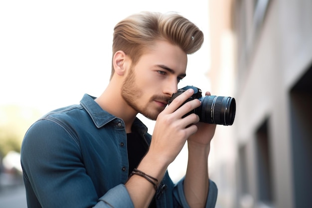 Shot of a handsome young man selecting photos on his digital camera created with generative ai