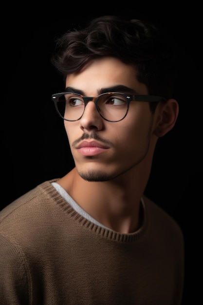 Shot of a handsome young man wearing glasses and looking away pensively created with generative ai