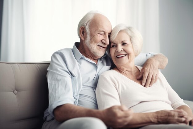 Shot of a happy elderly couple relaxing together on the sofa at home created with generative ai