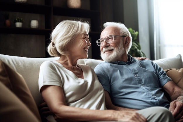 Shot of a happy elderly couple relaxing together on the sofa at home created with generative ai