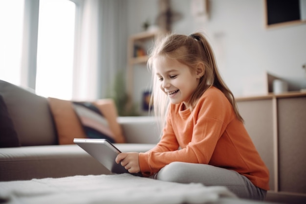 Shot of a happy little girl using her digital tablet at home created with generative ai