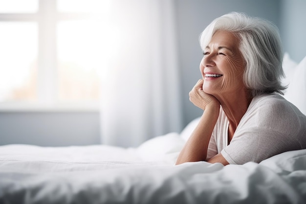 Shot of a happy senior woman enjoying the day while resting on her bed created with generative ai