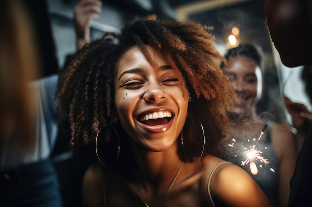 Shot of a happy woman celebrating with her friends at a party created with generative ai