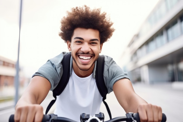 Shot of a happy young man holding the handlebars on his bicycle created with generative ai