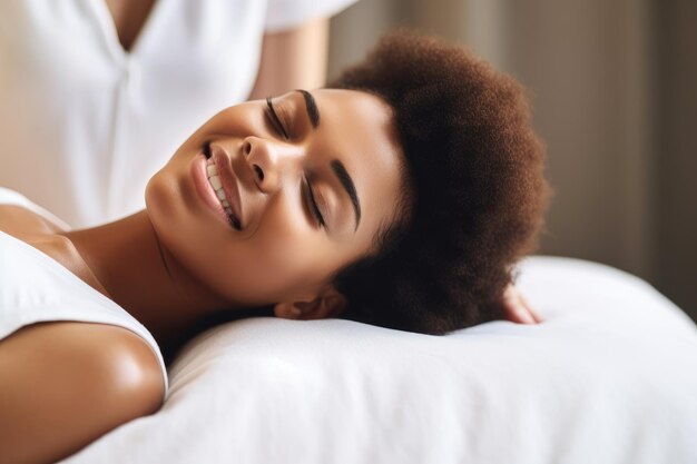 Shot of a happy young woman laying down and getting massaged created with generative ai