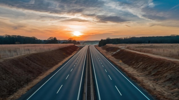 Shot of a highway road surrounded by dried grass fields under a sky during sunset