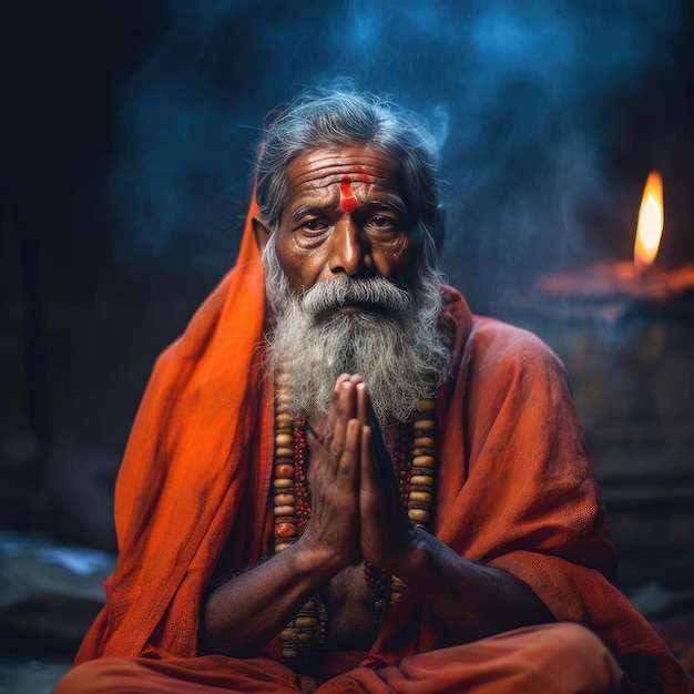 A shot of a Hindu devotee performing Sadhana