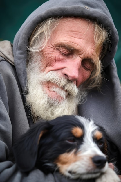 Shot of a homeless man sleeping outside with his dog beside him created with generative ai