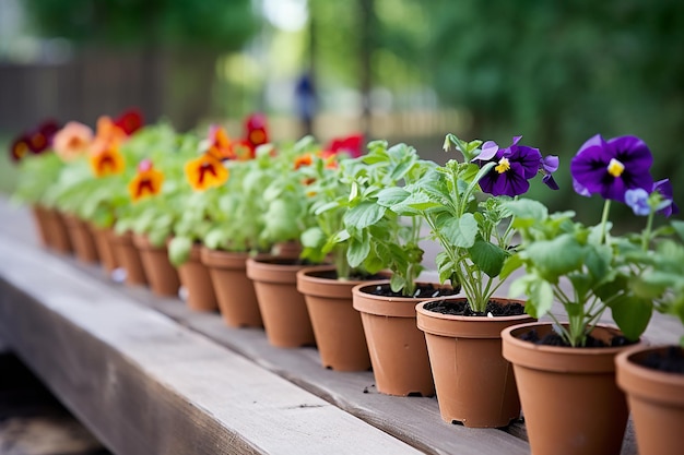 Shot of Increasing Row of Flowerpots with Matching Flowers