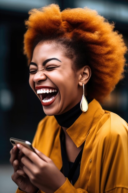 shot of a laughing young woman looking at her cellphone created with generative ai