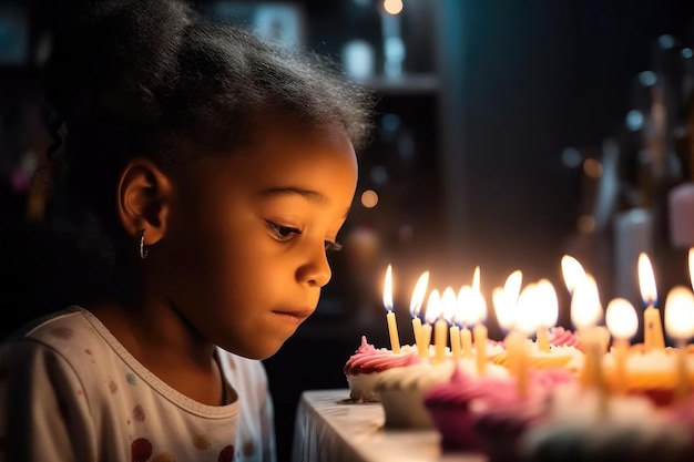 Shot of a little girl blowing out her candles on her birthday created with generative ai