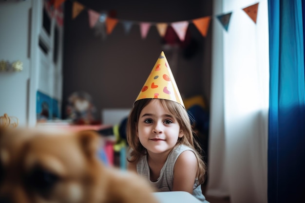 Shot of a little girl wearing a birthday hat at home