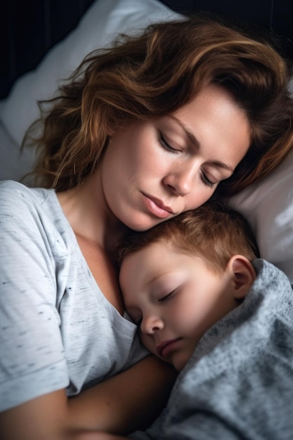 Shot of a loving mother embracing her son while he sleeps created with generative ai