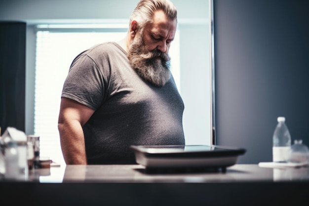 Shot of a man checking his weight on the scale created with generative ai