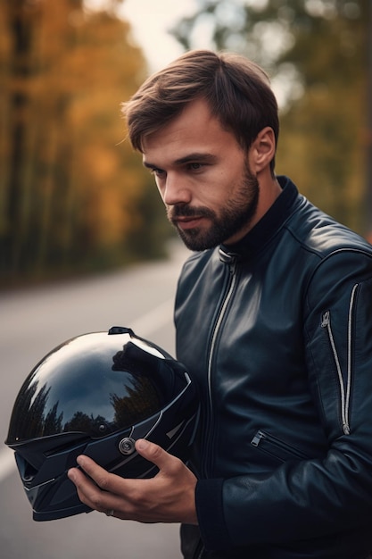 Shot of a man holding his motorcycle helmet on the side of the road created with generative ai