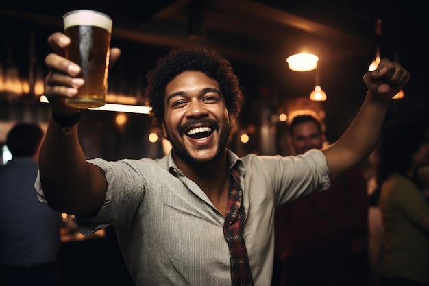 Shot of a man holding up his beer at a party created with generative ai