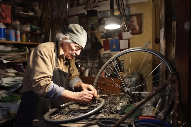 Shot of a man repairing the wheel of a bicycle in his shop created with generative ai