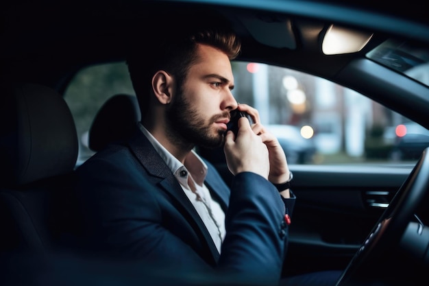 Shot of a man using his smartphone to make a call while in his car created with generative ai