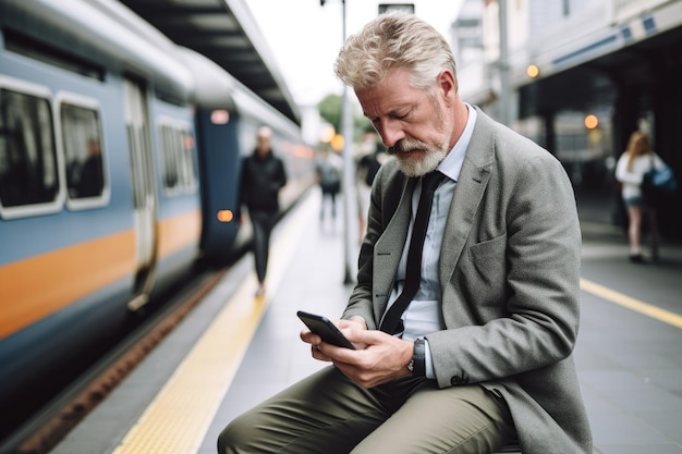 Shot of a man using a smartphone while waiting for his ride created with generative ai