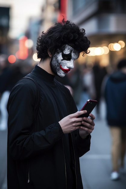 Shot of a masked man using his cellphone in the street