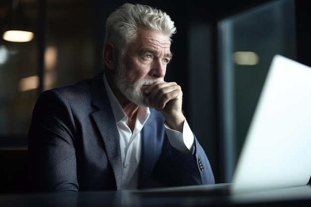 Shot of a mature businessman looking thoughtful while working on a laptop created with generative ai