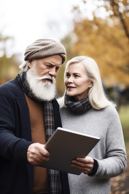 Shot of a mature couple using a digital tablet together outdoors created with generative ai